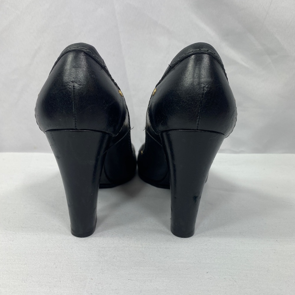 Chloe Front Brass Plate Block Heel Pump Round Toe Blk White Contrast Stitch 37.5 - Picture 13 of 16